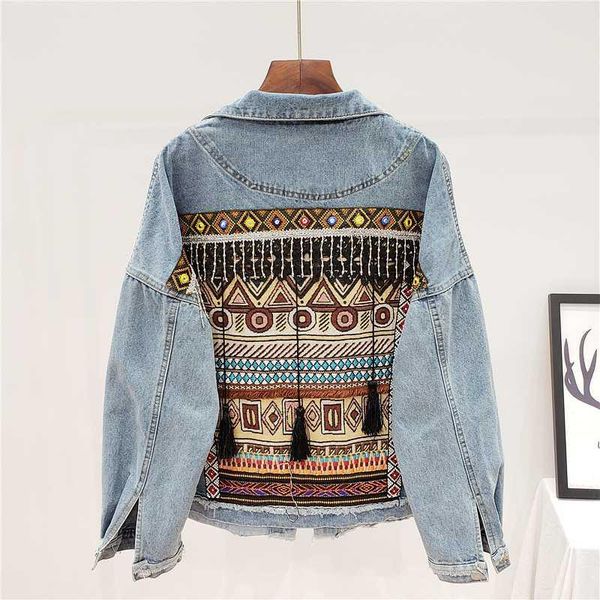 

Vintage Jeans Jacket Coat Women Tassel Embroidery Flowers Denim Coat Loose Long sleeve Short Denim Jacket Female Outwear