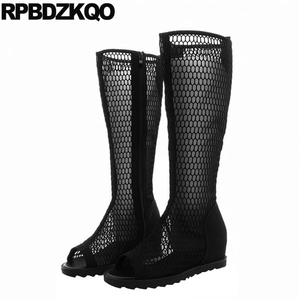 

summer height increasing designer shoes women luxury 2020 sandals long knee high fashion open toe peep mesh boots slim wedge, Black