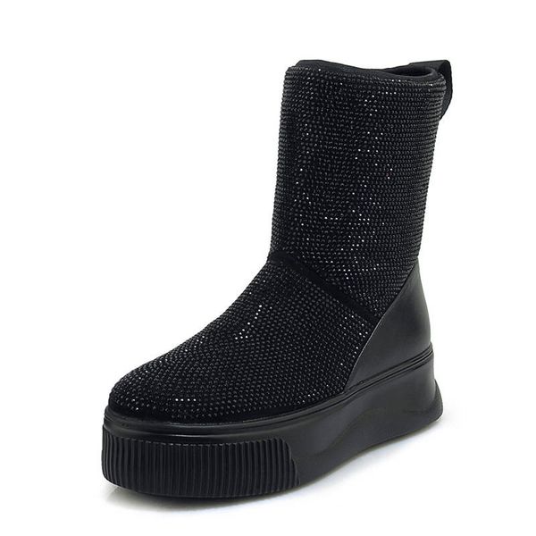 

dilalula genuine leather winter snow boots women flat platform crystal ankle boots women winter shoes woman, Black
