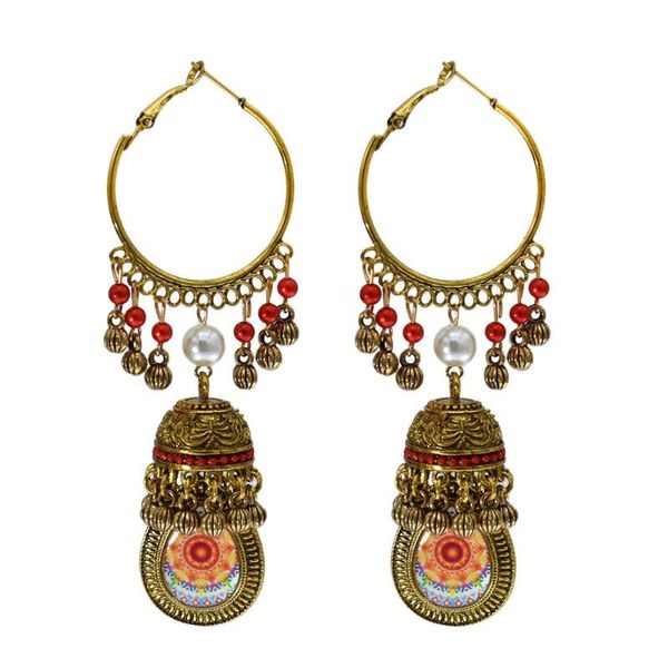 

hoop & huggie women's ethnic retro round gold bell jhumka earrings classic vintage colorful beads tassel wedding jewelry bijou, Golden;silver