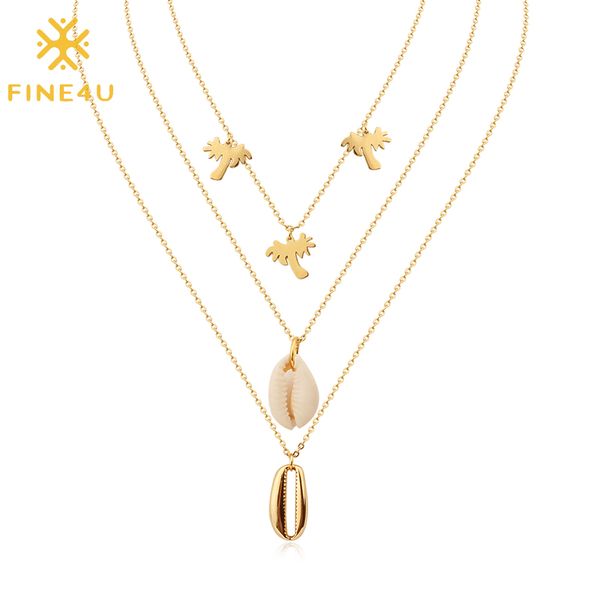 

fine4u n368 multi-layer natural shell palm tree pendants necklace stainless steel chokers necklaces bohemia summer beach jewelry, Golden;silver