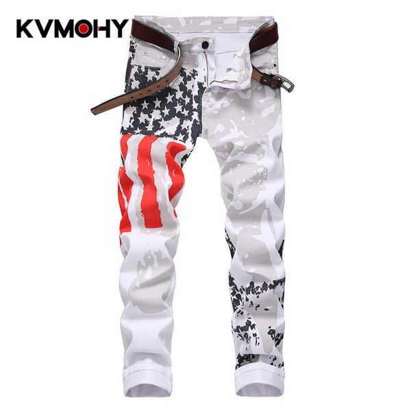 

hip hop jeans men fashion white denim pants slim soft straight male trousers slim jean man flag printing zipper, Blue