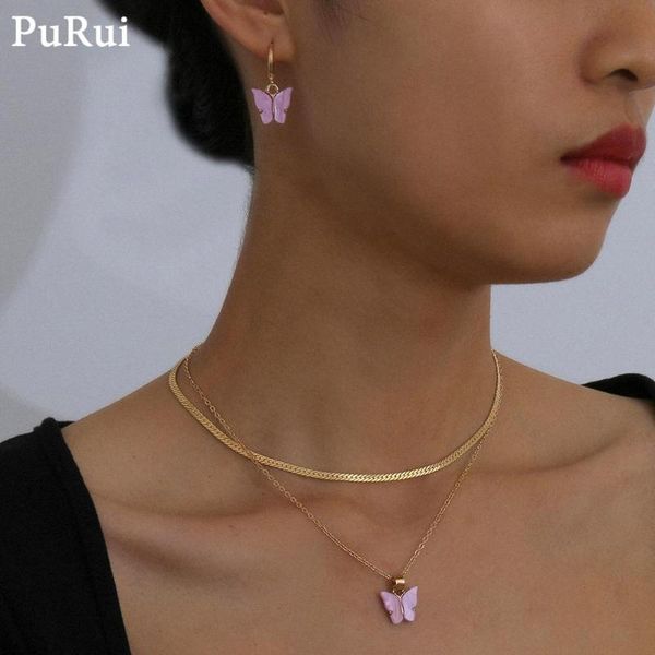 

kpop sweet colorful butterfly necklace for women acrylic goth simple clavicle chain pendant necklace butterfly jewelry, Silver