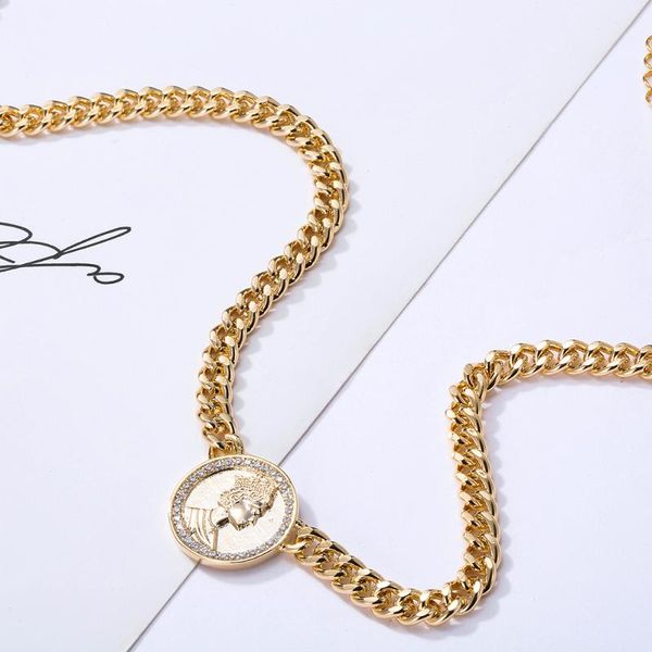 

chokers queen face coin pendent cz zirconia choker necklace for woman gold silver color cuban chain punk necklaces vintage jewelry, Golden;silver