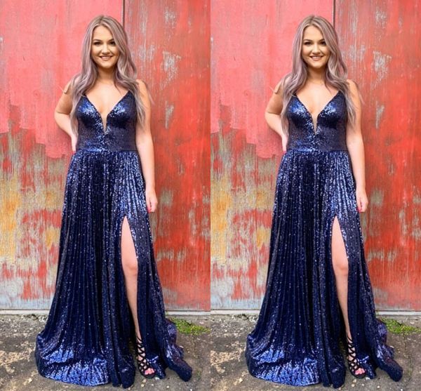 

sparkly navy blue high split evening prom dresses deep v neck ruched sheath sequined long bridesmaid special occasion dresses new, Black;red