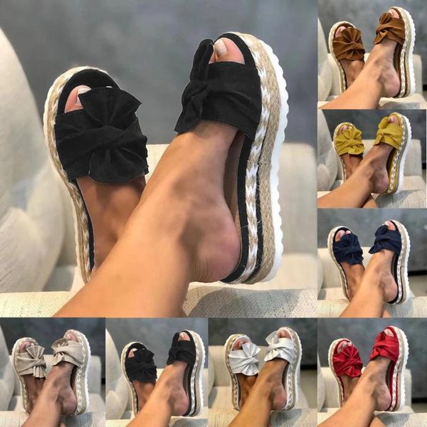 

women sandals ladies summer fashion slip-on bow flat beach open toe breathable sandals weave shoes slipper plus size m140#, Black