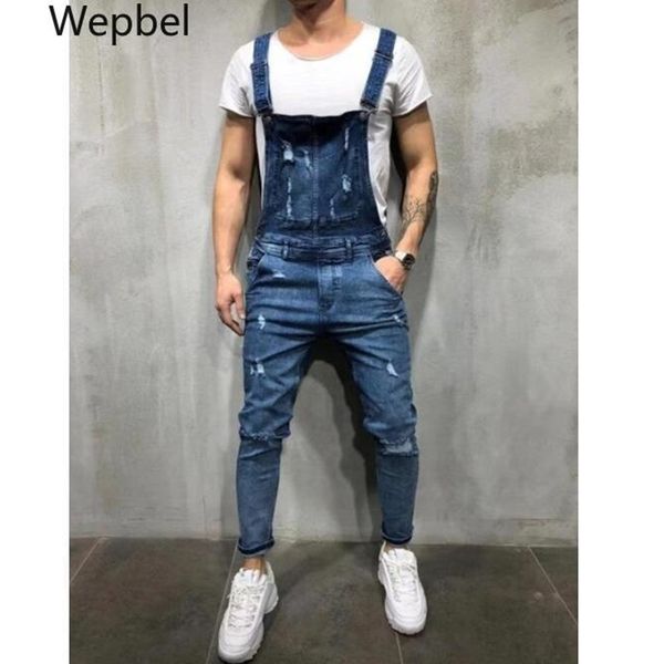 

men's jeans wepbel suspender denim jumpsuit ripped trousers fashion overalls plus size casual pants, Blue