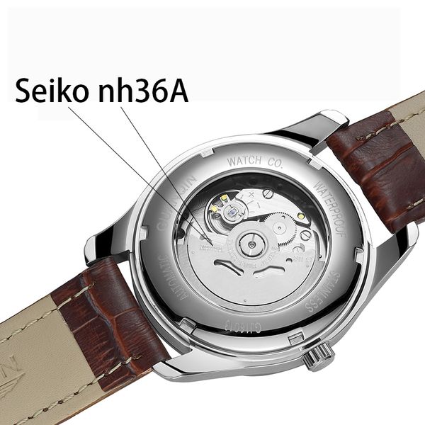 

guanqin автоматических механических часов мужчина стал вольфрам luminous часов даты календарь японских часы движения с кожаным ремешком, Slivery;brown