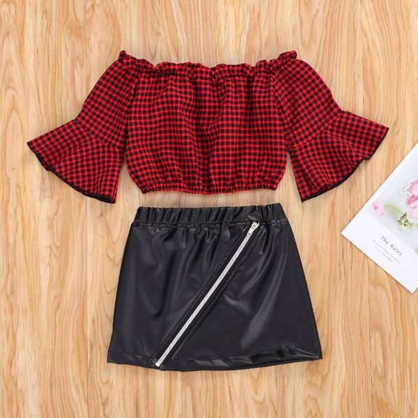 

clothing sets fall kid girls 2 pcs outfits off shoulder flared sleeve plaid blouse + black pu leather zipper skirt clothes set, White