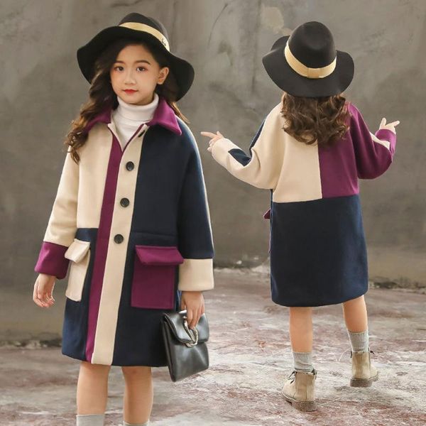 

jackets teen girls coat spring woolen outerwear for patchwork color long kids jacket girl 6 8 12 14 year autumn, Blue;gray