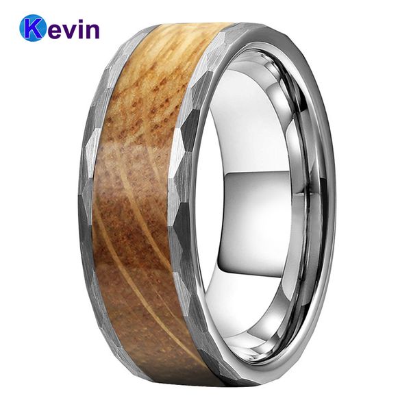 

wedding rings 8mm hammer ring tungsten engagement bands for men women real whiskey barrel oak wood inlay flat band brush shiny, Slivery;golden
