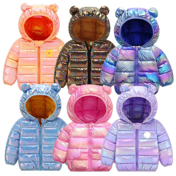 

26 colors kids jacket new fashion rainbow glossy down jacket for 1-4years children child winter warm hooded jacket kids clothes, Blue;gray