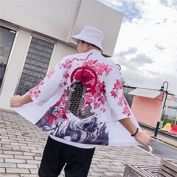 

women men loose sleeve cotton shirts men casual clothes floral shirts vintage koi pattern kimono chinese style, White;black