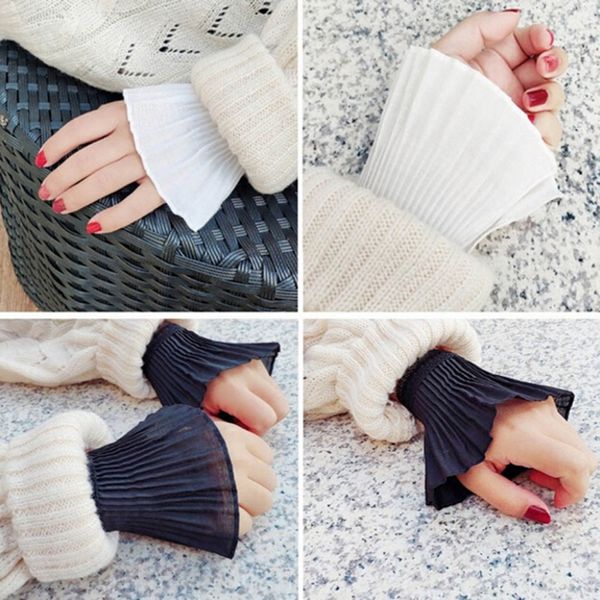 

women girl fake flare sleeves floral lace pleated ruched false cuffs sweater blouse apparel wrist warmers with faux pearl button, Blue;gray