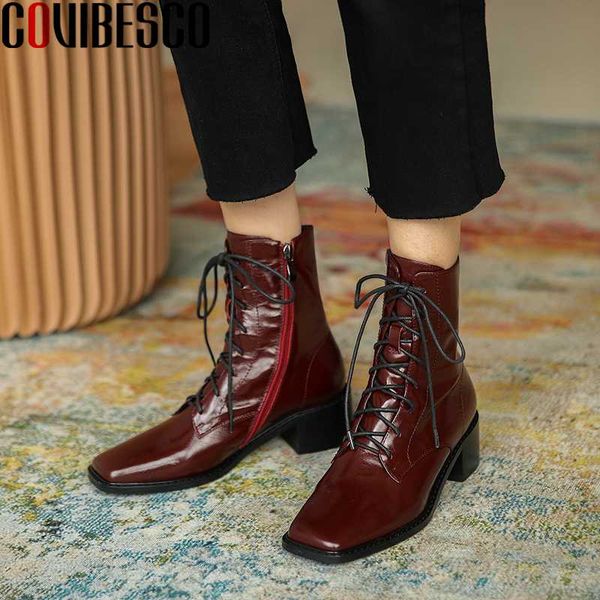 

covibesco women ankle boots lace-up shoes woman genuine leather thick heels zipper boots retro casual office working 2020 new, Black
