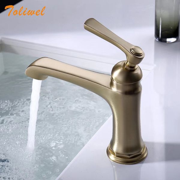 

brushed gold brass bathroom faucet lavatory vessel sink basin faucets mixer taps swivel spout cold water wholesale wf0027