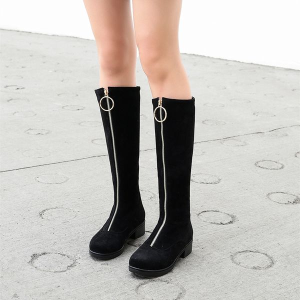 

ymechic 2020 fashion zipper winter boots women black gray chain block medium heels street long motorcycle boots shoes plus size