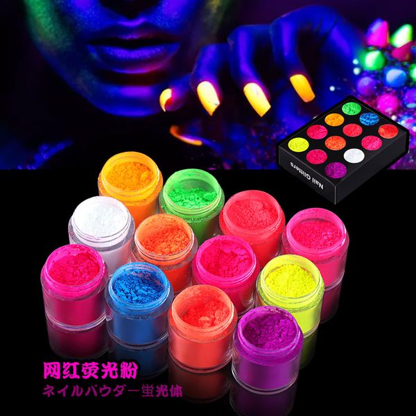 

1 box neon phosphor powder nail glitter powder 12 colors dust luminous pigment fluorescent nail glitters glow in the dark, Silver;gold