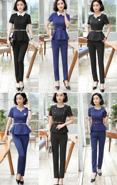 

new summer short sleeve striped formal uniform design female pantsuits with and pants ladies office trousers set pants suit, White;black