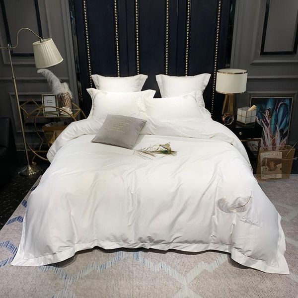 

41 birds feathers embroidery 100% egyptian cotton bed sheet set duvet cover bedding luxury white gray  king size 4/6pieces