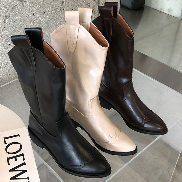 

trending women 2020 new pointed toe cowboy boots square high heels beige boots brown soft leather slip on drag shoes, Black