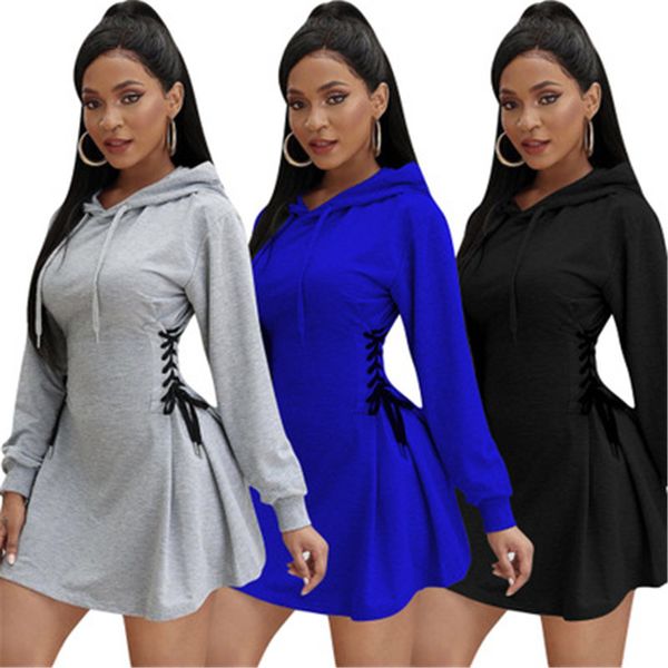 

женщины бинты платье тенденции моды вскользь с длинным рукавом с капюшоном drawstring короткие юбки дизайнер женский осень новый тонкий спло, Black;gray