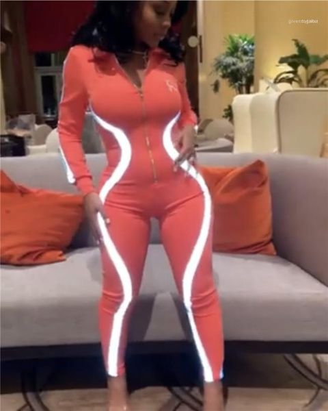 

women jumpsuits summer sliver deep v neck rompers one piece suits long sleeve joint zipper clothing reflective, Black;white