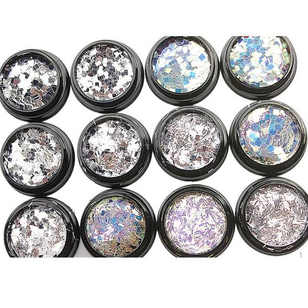 

12 jars/pack holographic nail mermaid flakes 3ml/jar flake glitter spangles square/round/strip nail art glitter flake decoration, Silver;gold