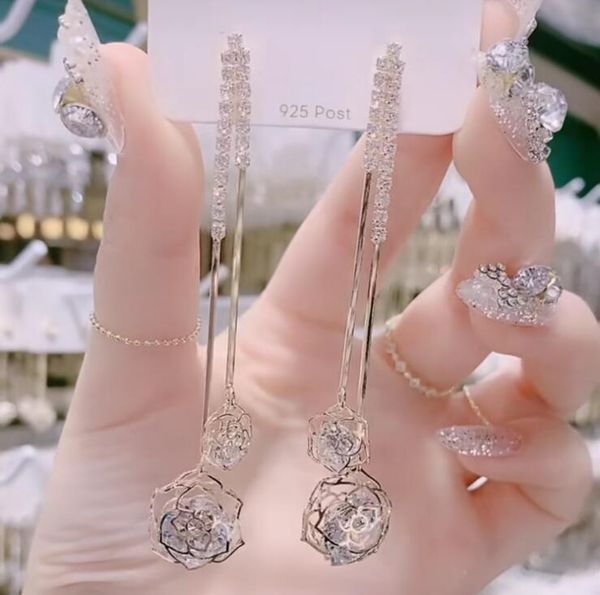 

luxury pink heart long earrings with crystal designer rose dangle earrings for women 925 silver needle with diamond jewelry drop shipping