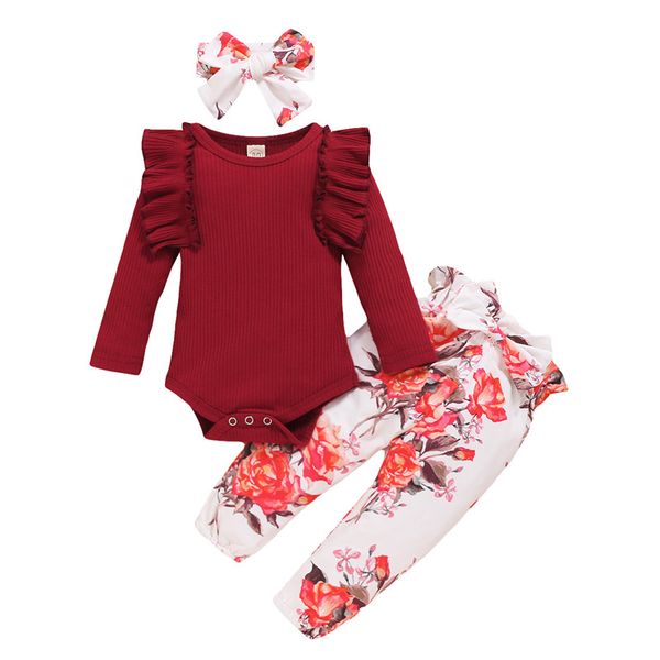 

0-18m newborn kid baby girl floral clothes set autumn winter warm bodysuit bow pant suit elegant cute sweet cotton outfit, White