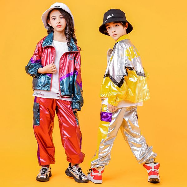 

long sleeve bright faux leather jacket for kids hip hop costume hiphop street dance stage outfits jazz wear girl boy clothes, Blue;gray