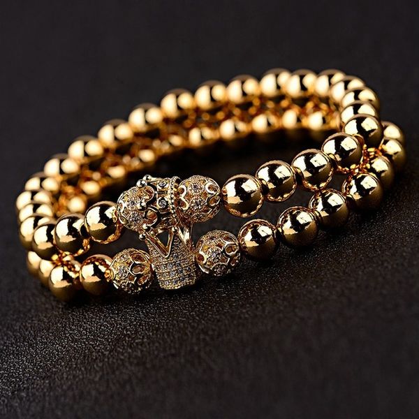 

looker 2pcs/set couple bracelets for women men 2020 gold 8mm copper bead&cz crown beaded charm bnagles bracelet luxury jewelry, Black