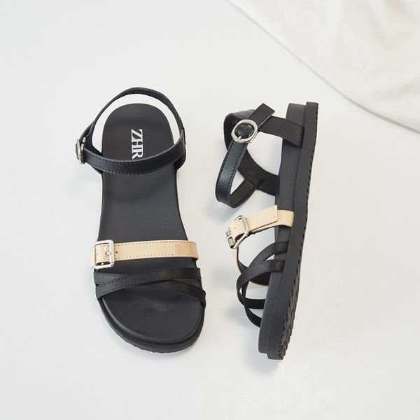

2020 genuine leather sandals women shoes ladies solid color flat sandals female summer buckle strap black sandalias mujer 0922