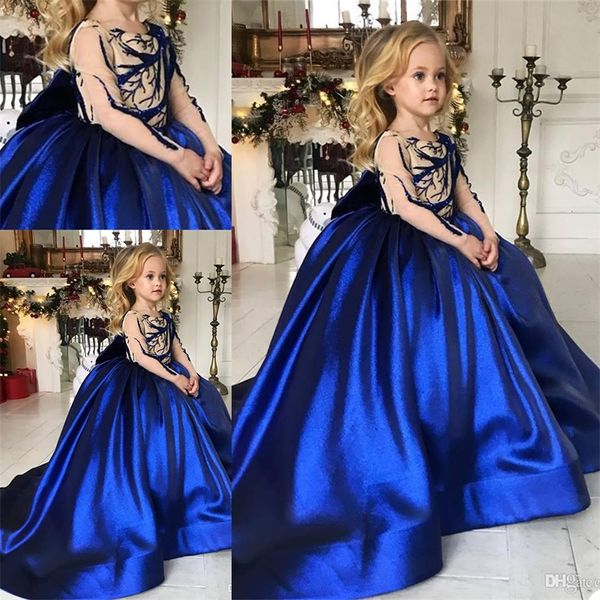 

elegant floral ball gown flower girl dresses long sleeves ruched satin with big bow girl pageant gowns custom made first communion gown, White;blue