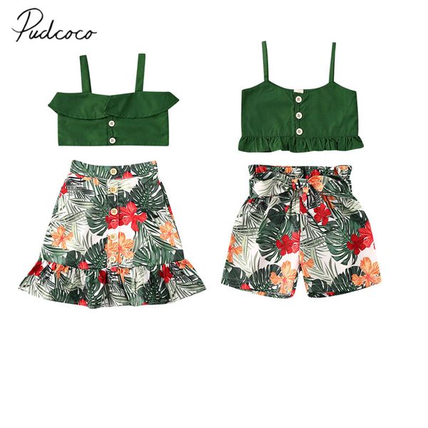

2020 baby summer clothing sister matching clothes green vest crop +skirts/shorts 2pcs outfits leaves print ruffled sets, Blue