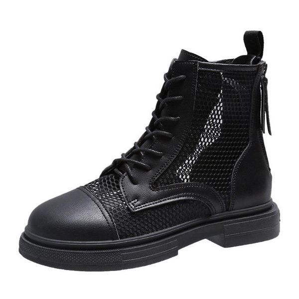

fashion ladies flat overshoes pure color short boots round toe women's shoes breathable hollow lace up british style sandals, Black