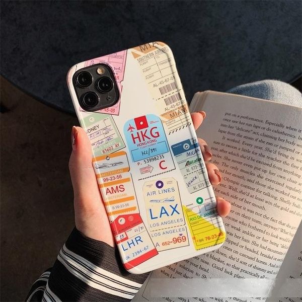 

fashion p frame style air tickets city label bar code phone case for iphone 11 pro xs max xr x 7 8 plus soft silicone cover