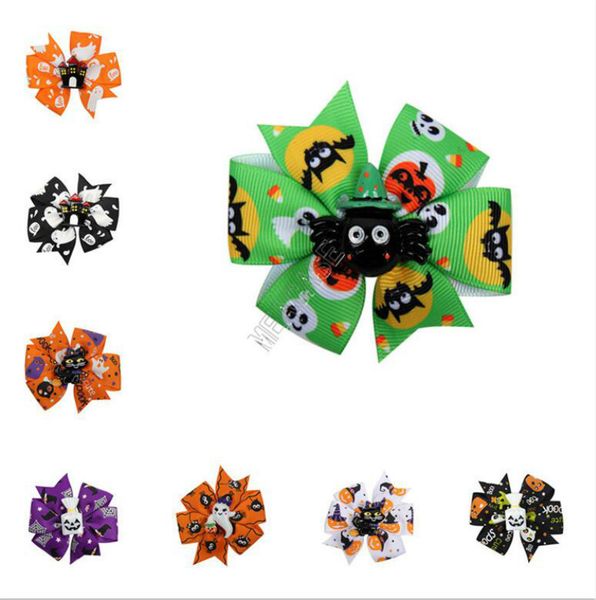 

3inch halloween bows barrettes bowknot kids hairpin ghost pumpkin cartoon hair clip ribbon children hair accessories headdress d9701, Slivery;white