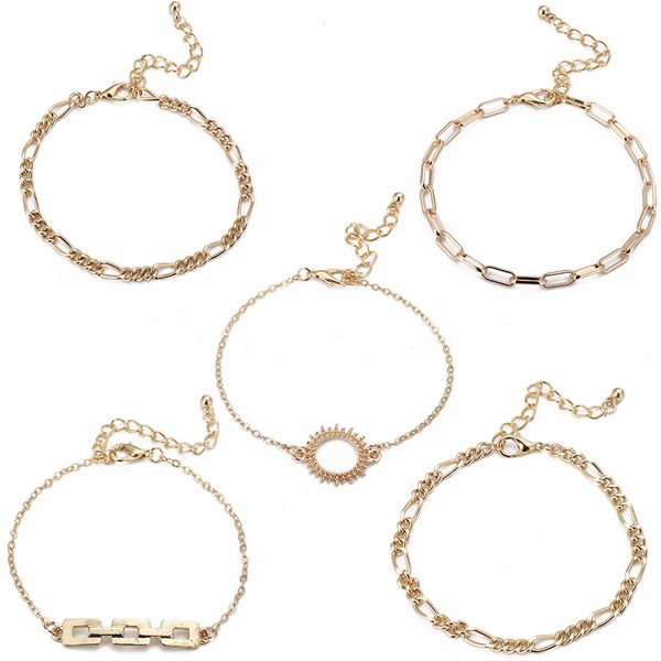 

vekno 5шт / комплект 2020 новых позолоченной женщины шарм браслет европа металл звено цепи слой браслет bangles набор золотых украшений, Golden;silver