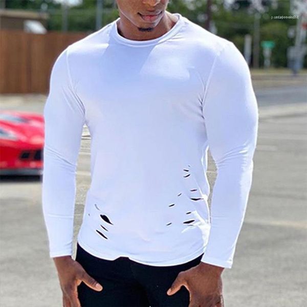 

tshirt autumn mens clothes fitness mens designer tshirt casual simple solid color long sleeve ripped breathable, White;black