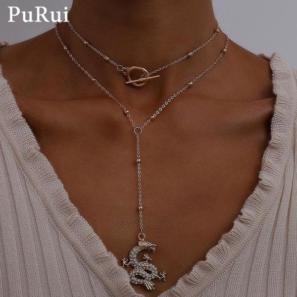 

punk chain chocker necklace 2pcs/set bohemian crystal dragon women pendant necklace gothic hiphop layered collar jewelry, Silver