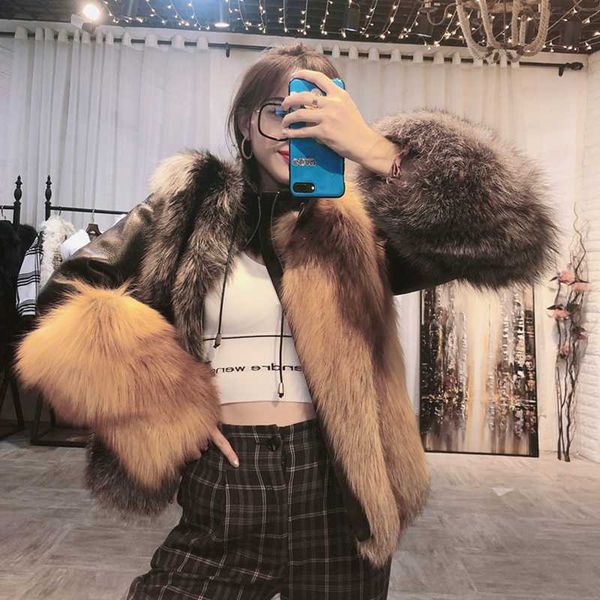 

2020 winter ladies silver fur red fur patchwork leather coat women outwear real jacket, Black