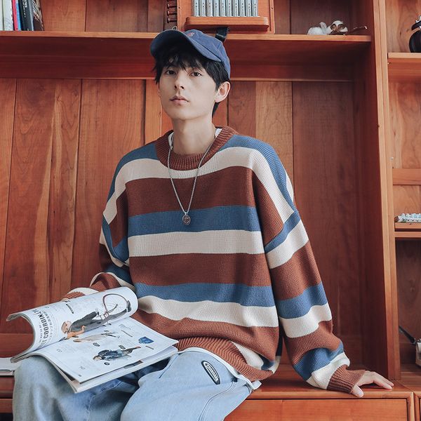 

casual mens sweater color striped pullovers long sleeve o-neck outdoor streetwear loose oversized sweater men winter clothes hot, White;black