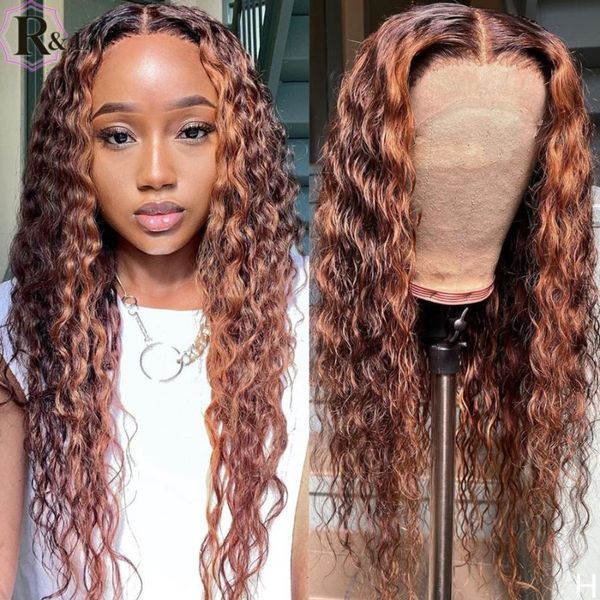 

lace wigs rulinda t-part front human hair highlight ombre curly 180% density brazilian non-remy, Black;brown