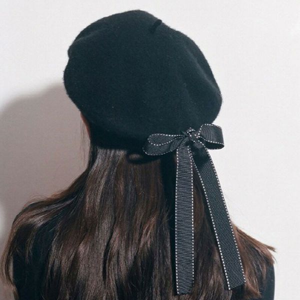 

berets women's beret elegant harajuku solid plain flat hats french style cap with bowknot fashion retro wool, Blue;gray