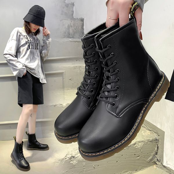 

shoes lady boots lace up boots-women booties woman 2020 low heel round toe luxury designer ladies autumn flat ankle lolita rock, Black