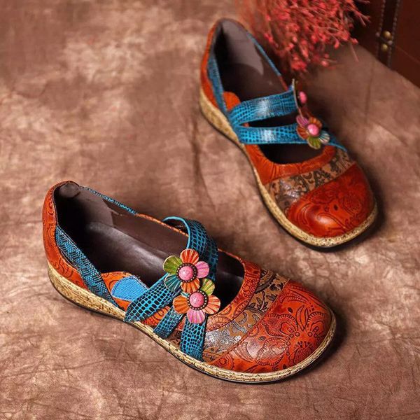 

spring summer casual new shoes women vintage floral genuine flat shoes leather splicing colored stitching hook loop flat, Black