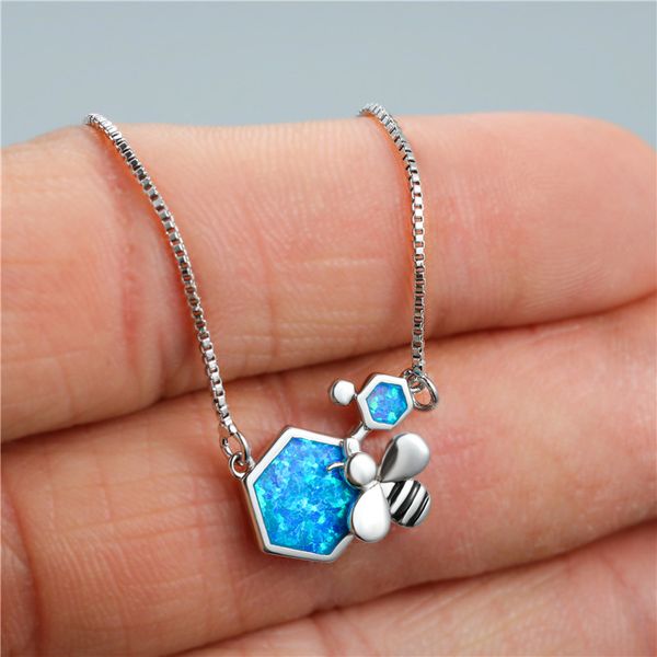 

cute female white blue opal pendant necklace charm silver color chain necklaces for women trendy bee geometric wedding necklace