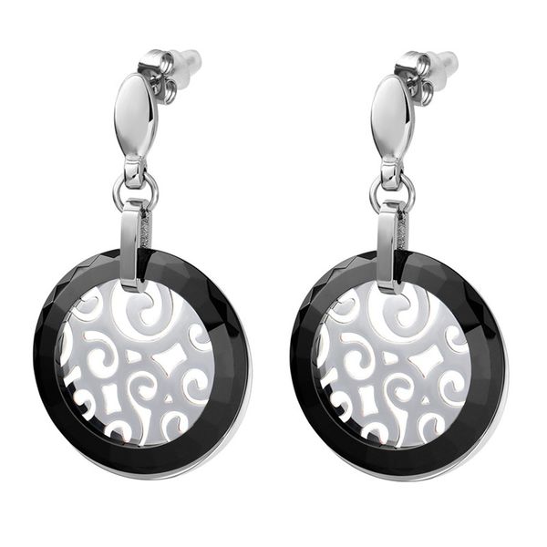 

2020 fashion jewelry retro style crystal from swarovskis black ceramic earrings with titanium steel hollow pattern fit women, White