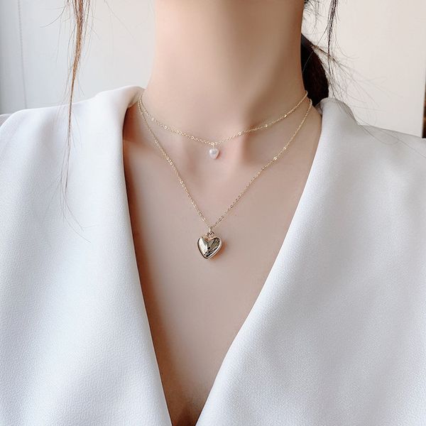 

pendant necklaces minimalist simple metal heart choker necklace sweet gold color double layer chain for women jewelry wholesale, Silver
